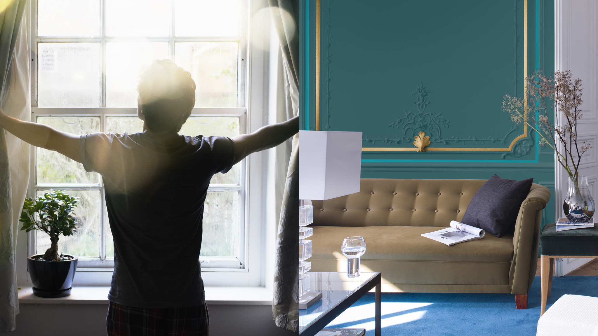 A beautiful bright living room В комнатах с окнами, выходящими на восход, за день происходит больше всего изменений в освещении. На рассвете свет немного розоватый, а с подъемом солнца он переходит в голубоватый.