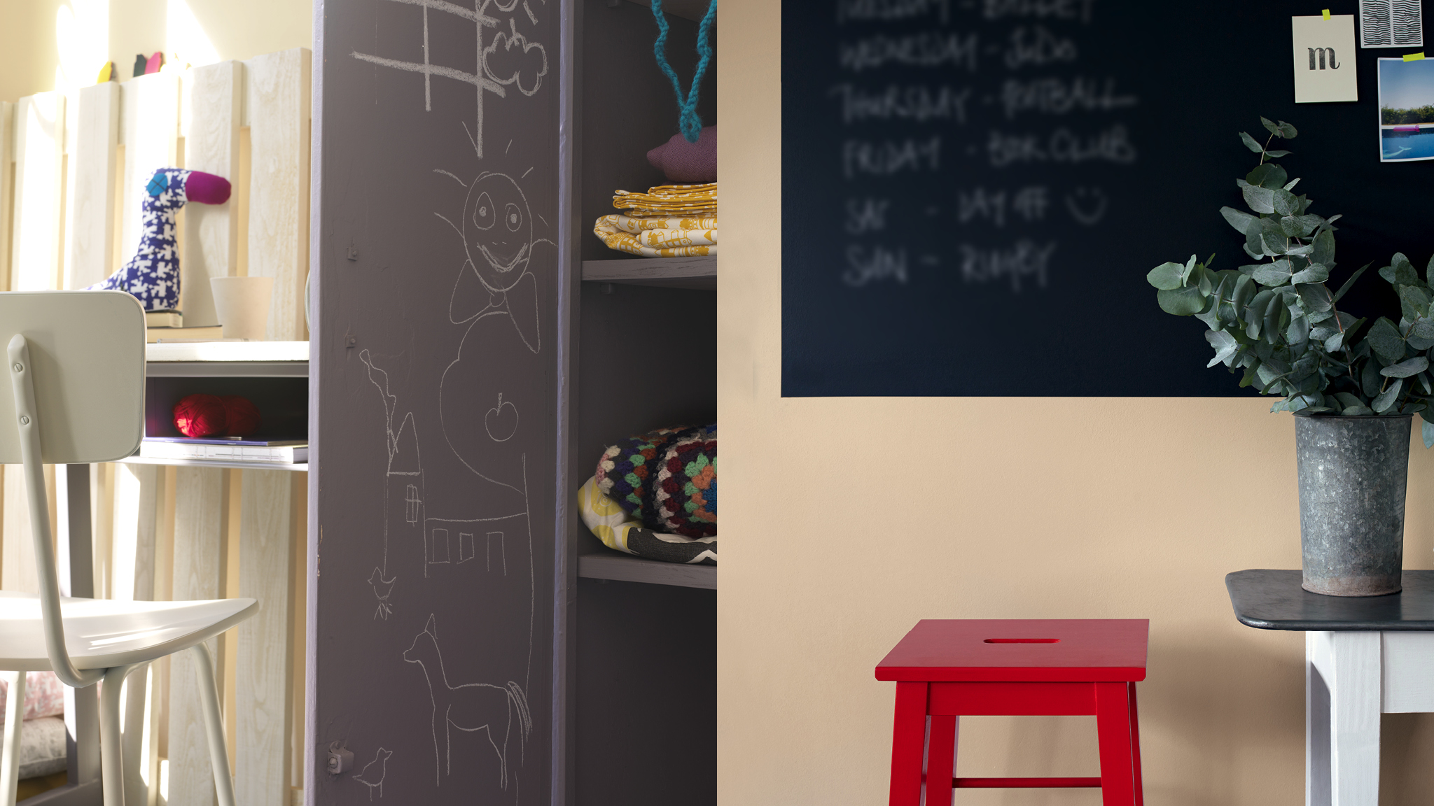 Create a fun scheme with blackboard paint Черная краска для доски для записей — не только классное оформление стен в детской, но и практичный ход. Дети могут использовать ее для рисунков или прописей.